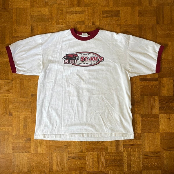 Vintage 1990s St Joe’s Joseph’s University Hawks Footlocker Ringer Tee Shirt / size 2XL