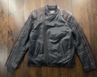Vintage 1990s Genuine American Hide Leather Striped Moto Motorcycle Jacket / size Small (see measurements)