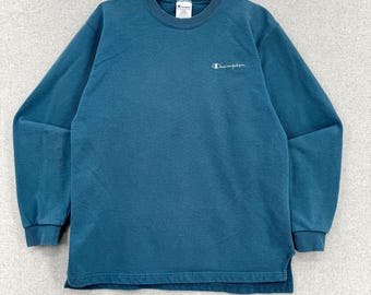 Vintage 1990s Champion Blank Blue Crewneck Sweatshirt / tag Large (see measurements)