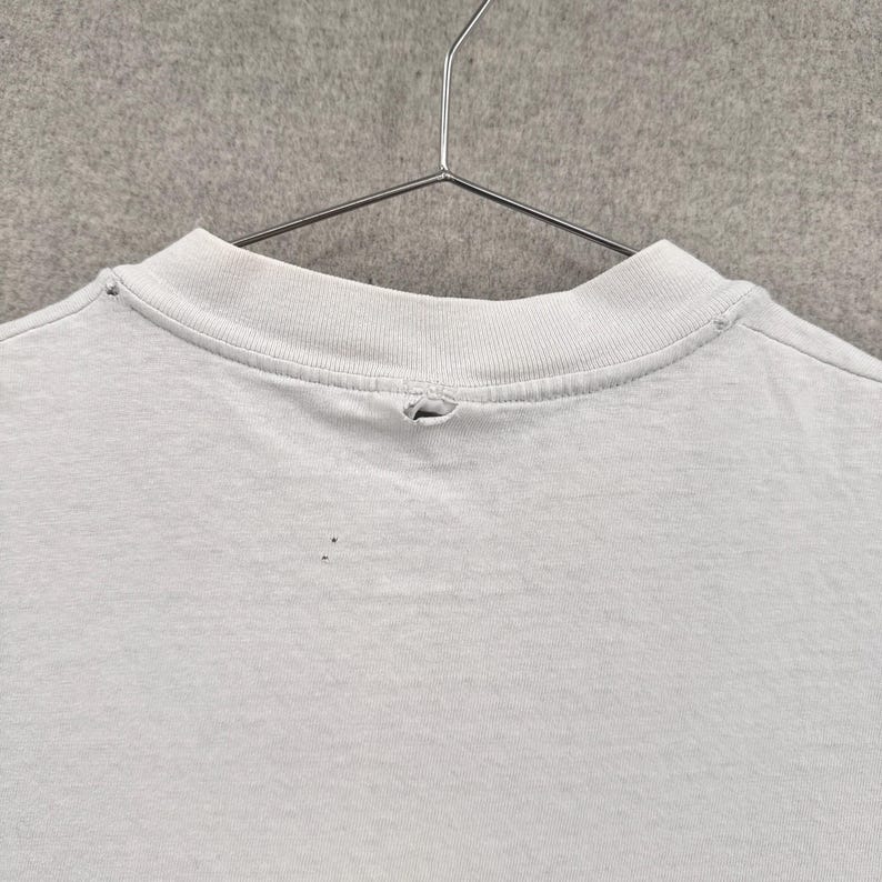 May include: Close-up of a light gray t-shirt hanging on a metal hanger. The shirt has a crew neck and shows signs of wear, including a small hole near the collar and several small dark spots on the fabric.