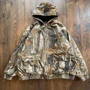 Vintage 1990s RealTree Hardwood Camo Camouflage Outdoor Nature Hoodie Bomber Jacket / size 3XL