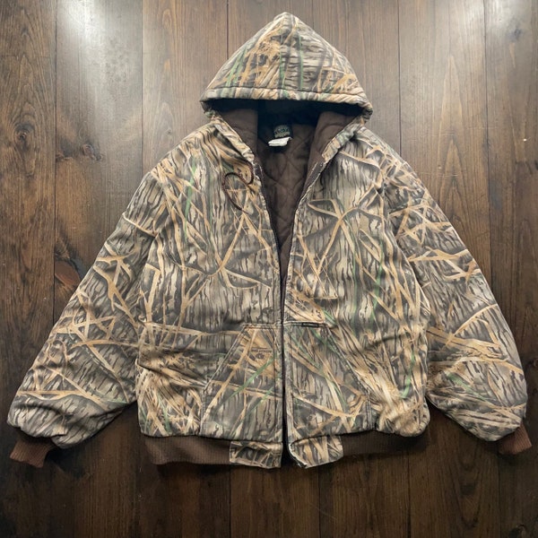 Vintage 1990s Mossy Oak Grass Camo Camouflage Hoodie Zipper Bomber Jacket / made in USA / size 2XL (see description)