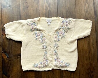 Vintage 1990s Floral Flower Embroidered Knitted Button Cardigan Sweater / tag size Large (runs smaller, see measurements)