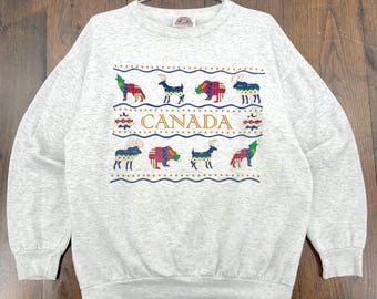 Vintage 1990s Canada Travel Souvenir Moose Deer Bear Wolf Crewneck Sweatshirt / made in Canada / see measurements for sizing