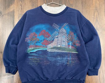 Sudadera vintage de cuello redondo con paisaje de lago y molino de viento, 1996. Consulta las medidas de la descripción para conocer la talla.