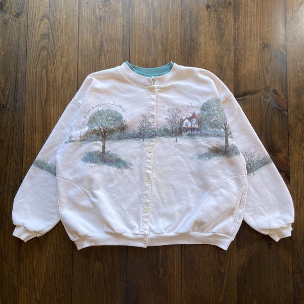 vintage des années 1990 paysage maison arbres de jardin partout impression sweat-shirt boutonné recto-verso / fabriqué dans le Wisconsin