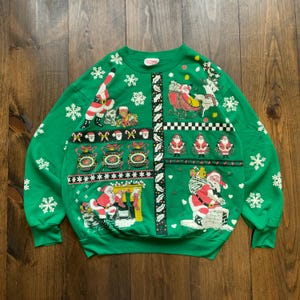 Vintage 1990s Santa Cartoon All Over Print AOP Christmas Holiday Crewneck Sweatshirt / made in USA / size Large