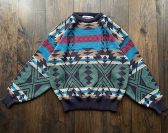 Vintage 1990s Geometric Stripe Pattern Knitted Crewneck Sweater / size Large