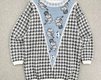 Pull tricoté motif pied-de-poule pastel fleurs florales des années 1990 / taille 18 W/38 (environ moyen voir mesures)