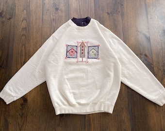 Vintage 1990s Bird House Embroidered Turtleneck Crewneck Sweatshirt / size Medium