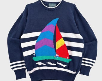 Jersey de punto náutico vintage de los 90 con estampado de velero - XL