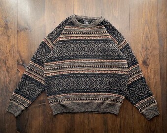 Vintage 1990s Horizontal Stripe Pattern Knit Grandpa Sweater / size Medium