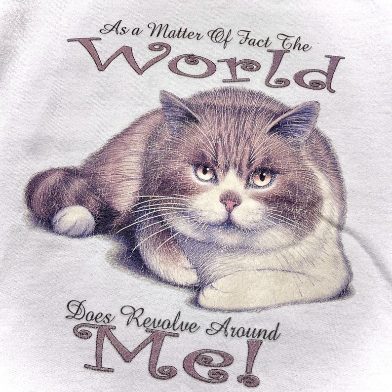 May include: A white t-shirt with a cartoon cat and the text "As a matter of fact the world does revolve around me!"