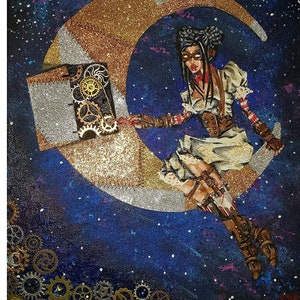 May include: A woman with dark hair and a steampunk-inspired outfit sits on a crescent moon. The moon is covered in gold glitter and the background is a dark blue with stars. The woman is holding a book with gears and cogs on it.