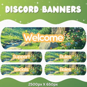 Puede incluir: Un conjunto de cinco banners de Discord que presentan una escena de bosque verde y exuberante con un arroyo que lo atraviesa. Los banners tienen texto que dice "Bienvenido", "Soporte", "Redes sociales", "Reglas" y "Roles".