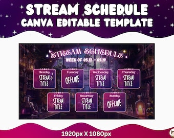 Puede incluir: Una plantilla digital púrpura y rosa para un horario de transmisión. La plantilla presenta un fondo mágico de temática fantástica con una gran ventana y una mesa con velas y pociones. El texto "STREAM SCHEDULE" está en la parte superior de la plantilla, y los días de la semana se enumeran debajo con espacios para los títulos de transmisión. El texto "WEEK OF 05.12-05.19" también está incluido.