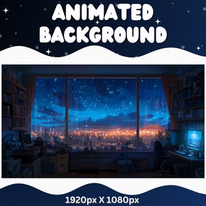 Puede incluir: Una ilustración digital de una habitación con una gran ventana que da a un horizonte urbano de noche. El cielo es azul oscuro con estrellas blancas y algunas nubes. La habitación está tenuemente iluminada y tiene un escritorio con una computadora y una silla. Hay estanterías en las paredes. La imagen es de 1920px por 1080px.