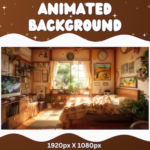 May include: A cosy bedroom with a wooden bed, a window overlooking a green garden, and a bookshelf filled with books. The room is decorated with framed pictures and a clock on the wall. The bed is covered with a brown and white blanket and pillows. There is a plant in a pot on the floor next to the bed.