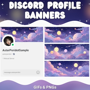 May include: Digital art featuring Discord profile banners with a dreamy night sky theme. The banners showcase a celestial landscape with smiling moon and planet characters, set against a backdrop of clouds and stars. The image includes a profile example with the username "AsterPeridotSample".