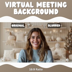 May include: A virtual meeting background image with the text "VIRTUAL MEETING BACKGROUND". The image shows a woman smiling in front of a blurred background with holiday decorations. The image is in a 16:9 ratio.