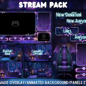 Könnte beinhalten: Ein digitales Stream-Paket mit einem lila und teal Farbschema. Das Paket enthält Overlays, animierte Hintergründe und Panels mit Text wie "New Donation", "New Subscriber", "Links" und "Subscribe". Das Paket enthält auch einen Gaming-Stuhl.