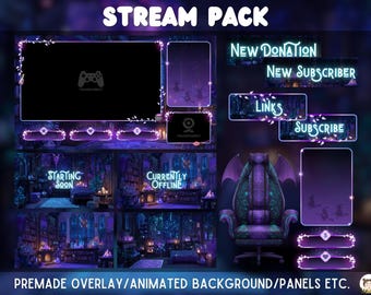 May include: A digital art stream pack with a purple and teal color scheme. The pack includes overlays, animated backgrounds, and panels with text such as "New Donation", "New Subscriber", "Links", and "Subscribe". The pack also includes a gaming chair.