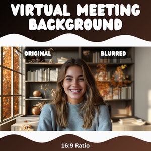 May include: A woman smiles at the camera in front of a blurred background of a bookshelf with books and fall foliage. The text "ORIGINAL" and "BLURRED" are above the image. The text "16:9 Ratio" is below the image.