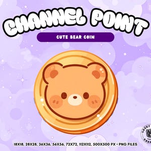 May include: A digital graphic of a round gold coin featuring a stylized brown bear face with rosy cheeks. The text reads CHANNEL POINT and CUTE BEAR COIN. Below are the dimensions 18x18, 28x28, 36x36, 56x56, 72x72, 112x112, 500x500 PX PNG FILES.