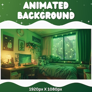 May include: A green and white bedroom with a window featuring string lights. The room has a desk with a computer, a bed with green bedding, and plants.