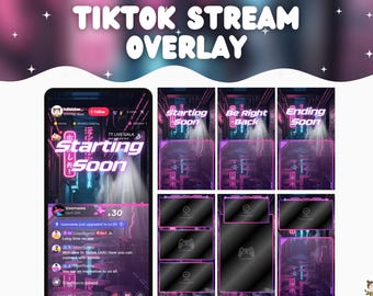 May include: A digital overlay set for TikTok live streams. The design features a neon-lit cityscape with pink and blue hues. Includes screens for "Starting Soon," "Be Right Back," and "Ending Soon," along with customizable elements.