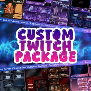 Puede incluir: Diseño gráfico digital para un paquete de Twitch personalizado. El diseño presenta un texto en burbujas morado y rosa que dice "CUSTOM TWITCH PACKAGE" sobre un fondo azul y morado. El paquete incluye paneles, marcos, alertas y fondos animados.