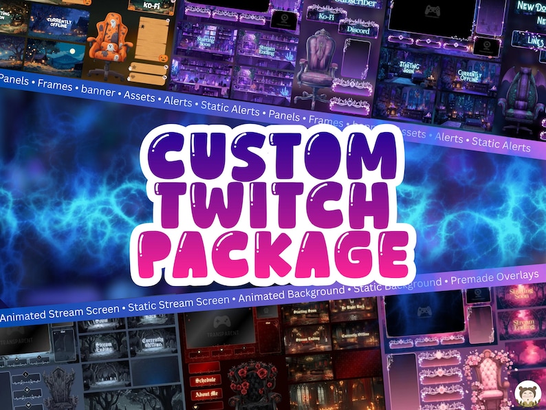May include: A digital graphic design for a custom Twitch package. The design features a purple and pink bubble-lettered text that reads "CUSTOM TWITCH PACKAGE" over a blue and purple background. The package includes panels, frames, alerts, and animated backgrounds.