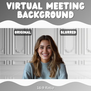 May include: A woman with long brown hair smiles at the camera. She is wearing a light blue sweater. The background is a white wall with decorative molding. The image is labeled "ORIGINAL" and "BLURRED" to show the difference between the two. The text "16:9 Ratio" is at the bottom of the image.