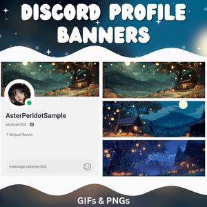 May include: A promotional image for Discord profile banners. The image features a banner design with a night scene, a house, and a starry sky. The text includes "Discord Profile Banners" and "GIFs & PNGs."
