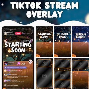 以下が含まれることがあります： 不気味なハロウィーンをテーマにした、デジタルTikTokストリームオーバーレイのデザイン。「TikTok Stream Overlay」のテキスト、テキスト「Starting Soon」の電話画面、テキスト「Starting Soon」、「Be Right Back」、「Stream Ending」の他の画面が含まれています。