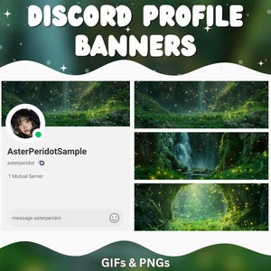 May include: A digital art design for Discord profile banners. The image features a forest scene with a waterfall and glowing lights. The text "DISCORD PROFILE BANNERS" is at the top. The image also includes a profile example and the words "GIFS & PNGs".