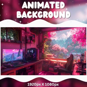 Könnte beinhalten: Animierter Hintergrund mit rosa und lila Farbschema. Das Bild zeigt eine Computer-Konfiguration in einem Raum mit einem großen Fenster mit Blick auf eine Berglandschaft mit Kirschblüten. Der Text oben lautet "ANIMATED BACKGROUND".
