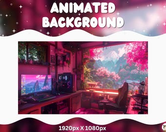 May include: An animated background image with a pink and purple colour scheme. The image features a computer setup in a room with a large window overlooking a mountain landscape with cherry blossoms. Text at the top reads "ANIMATED BACKGROUND".