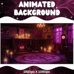 May include: An animated background image with a gothic theme. The scene shows a room with a fireplace, candles, and a pentagram on the floor. The text "ANIMATED BACKGROUND" is at the top. The image resolution is 1920 x 1080px.