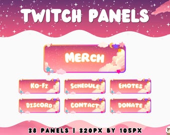 Paneles de Twitch brillantes con nubes rosas Superposición de transmisión en colores pastel Lindos gráficos de Twitch Estética de jugador kawaii Lindos paneles de Twitch Descarga digital