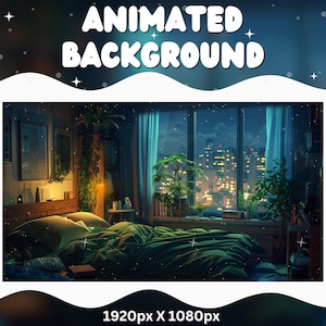 May include: An animated background image showing a bedroom at night. The scene includes a window with a city view, a bed, plants, and warm lighting. The text "ANIMATED BACKGROUND" is at the top, with the resolution 1920 x 1080px at the bottom.