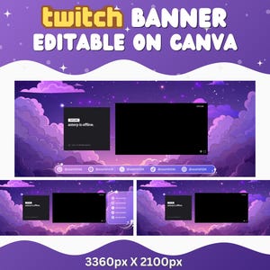 May include: Purple and pink Twitch banner template with clouds and stars. The banner is editable on Canva and is 3360 pixels wide by 2100 pixels tall. The text "astrep is offline" is displayed in a black box.