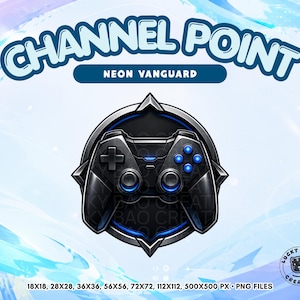 Pode incluir: Um gráfico digital apresentando um controle de jogo preto com detalhes em azul centralizado dentro de um emblema metálico em forma de estrela. O texto CHANNEL POINT NEON VANGUARD aparece acima, com os tamanhos 18x18, 28x28, 36x36, 56x56, 72x72, 112x112, 500x500 PX PNG FILES abaixo.