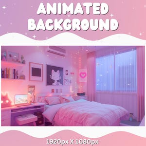 May include: A pink and white bedroom with a bed, a desk, and a window. The room is decorated with fairy lights and a neon heart sign. The bed has a pink and white comforter and a white pillow. The desk has a laptop, a lamp, and a white chair. The window has white curtains and a view of a city.