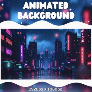 Peut inclure: Image d'arrière-plan animé d'une ville futuriste la nuit. Le paysage urbain présente de grands bâtiments avec des enseignes au néon rouges et violettes, avec des voitures sur des rues mouillées. Le texte "ANIMATED BACKGROUND" est en haut, et la résolution est de 1920 x 1080.