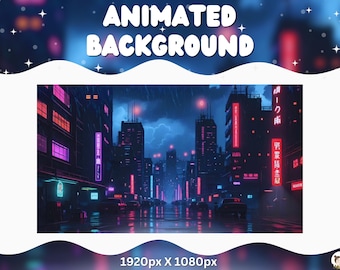 Pode incluir: Imagem de fundo animada de uma cidade futurista à noite. A paisagem urbana apresenta edifícios altos com letreiros de néon em vermelho e roxo, com carros em ruas molhadas. O texto "ANIMATED BACKGROUND" está no topo e a resolução é 1920 x 1080.