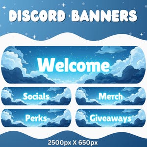 May include: Five blue and white Discord banners with a starry night sky background. The banners read "Welcome", "Socials", "Merch", "Perks", and "Giveaways".
