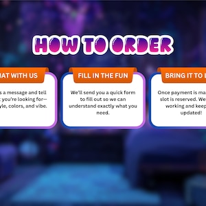 May include: A graphic with the text "HOW TO ORDER" in a purple and pink gradient. Below are three steps: "CHAT WITH US", "FILL IN THE FUN", and "BRING IT TO LIFE", each with a brief description of the process.