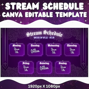 Peut inclure: Modèle Canva violet et blanc pour un planning de diffusion en direct. Le modèle présente un fond à motif de dentelle et comprend un titre pour chaque jour de la semaine, avec un espace pour ajouter un titre de diffusion. Le modèle mesure 1920 pixels par 1080 pixels.