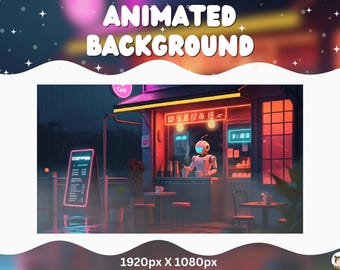 以下が含まれることがあります： 未来的なカフェのシーンのアニメーション背景画像。ロボットのバリスタがカウンターの後ろに立っており、ネオンサインで照らされています。カフェの外にはメニューボードとテーブルがあり、上部には「Animated Background」というテキストがあります。